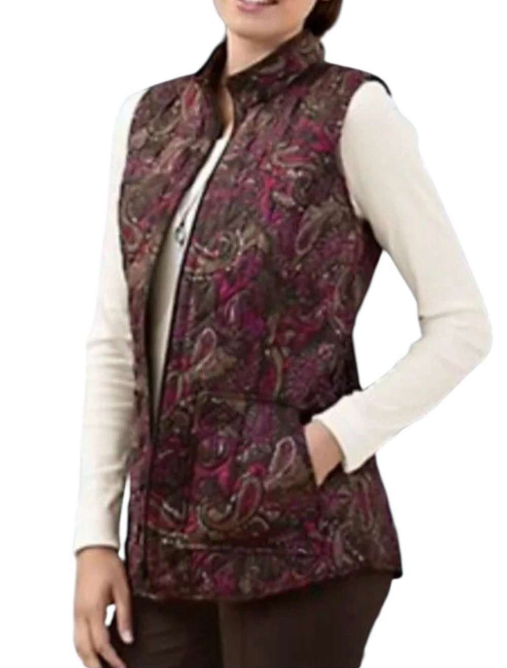 J. JILL Heritage Size XL Brown Red Harvest Paisley Autumn Full Zip Quilted Vest